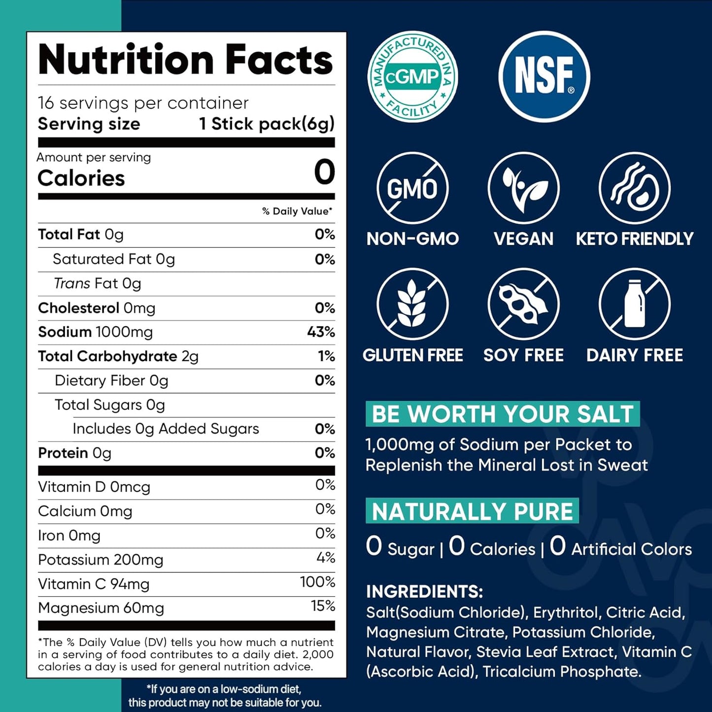 Venture Pal Electrolyte Powder Packets - High Sodium, Sugar Free Hydration Mix with Sodium, Potassium, Magnesium - Zero Calories, Vegan, Keto & Paleo Friendly - 30 Sticks