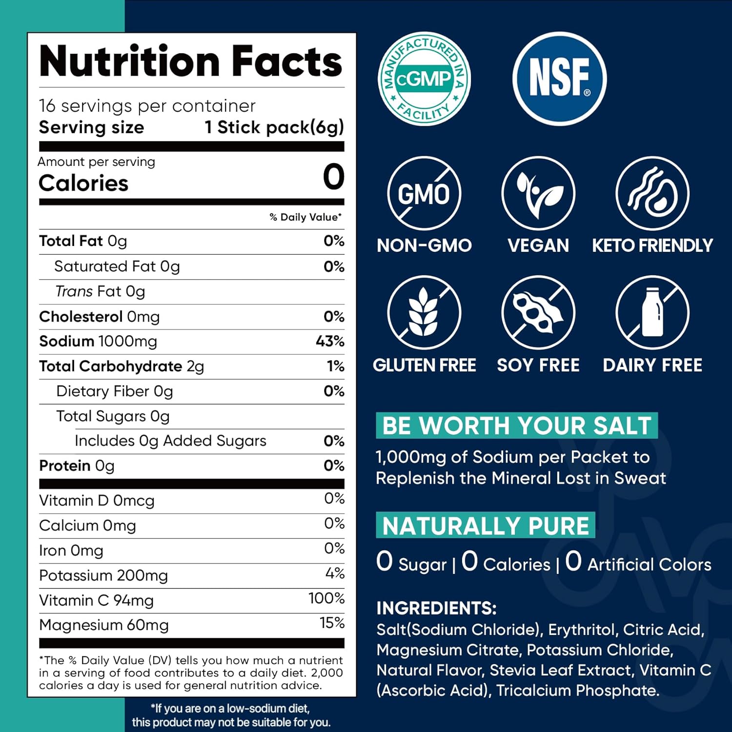 Venture Pal Electrolyte Powder Packets - High Sodium, Sugar Free Hydration Mix with Sodium, Potassium, Magnesium - Zero Calories, Vegan, Keto & Paleo Friendly - 30 Sticks