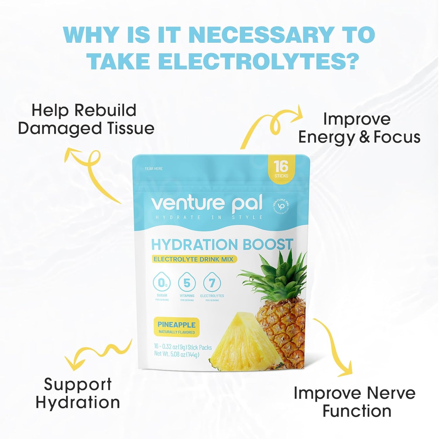 Venture Pal Electrolyte Powder Packets - Sugar Free Liquid Drink Mix for Rapid Hydration & Recovery with Vitamins and Electrolytes | Keto & Vegan | 16 Sticks - BoostGo Australia
