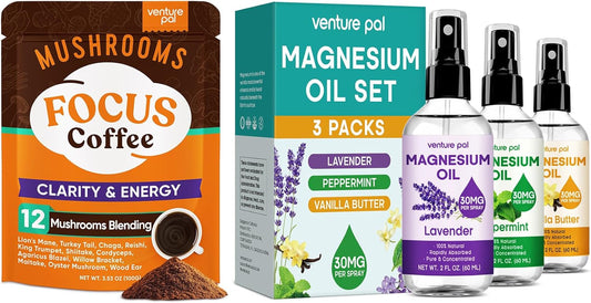 Venture Pal Mushroom Coffee & Magnesium Oil Spray Bundle: Focus & Immunity with Pure Ashwagandha + Relaxation, Sleep, Muscle Relief - 40 Servings