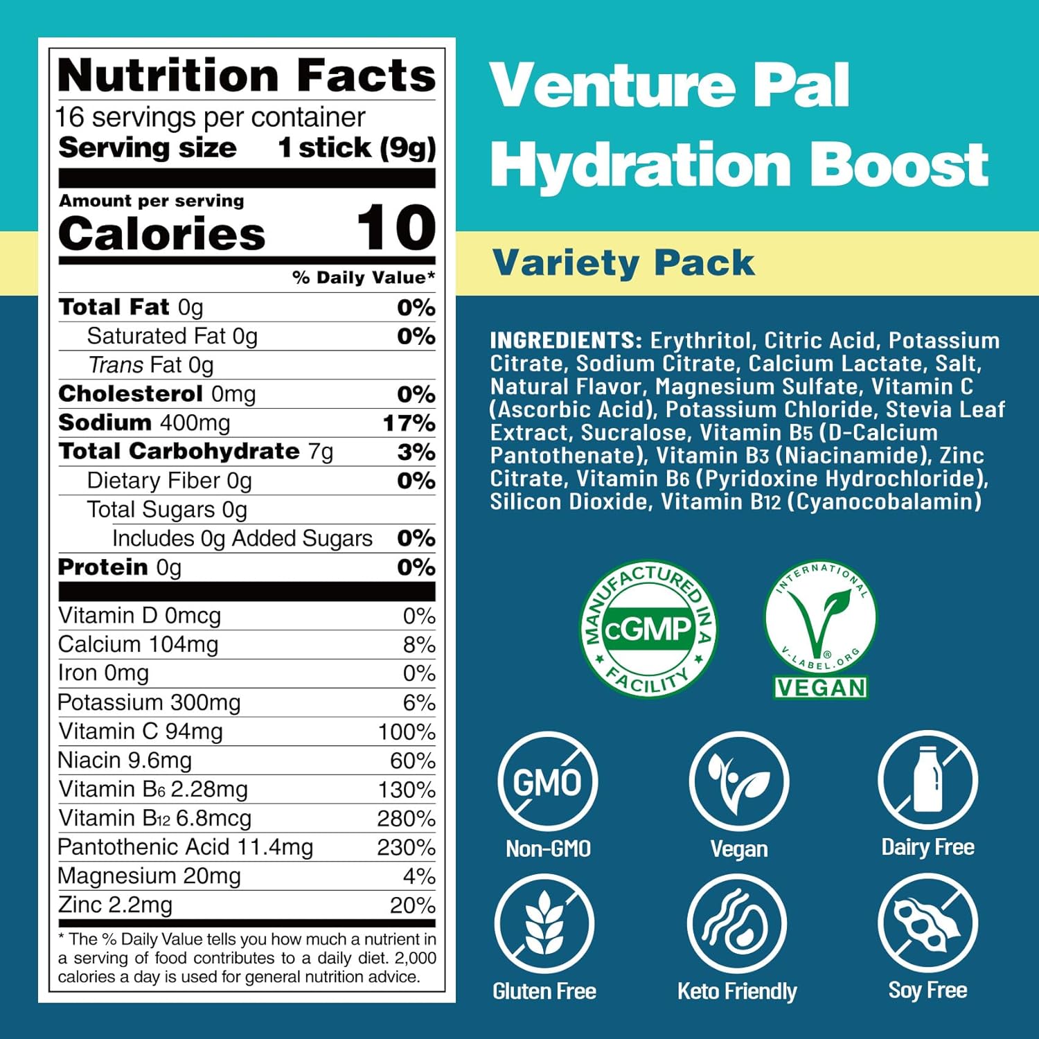 Venture Pal Sugar Free Electrolyte Powder Packets - Hydration Drink Mix with Vitamins & Electrolytes - Keto Friendly & Non-GMO - 16 Sticks
