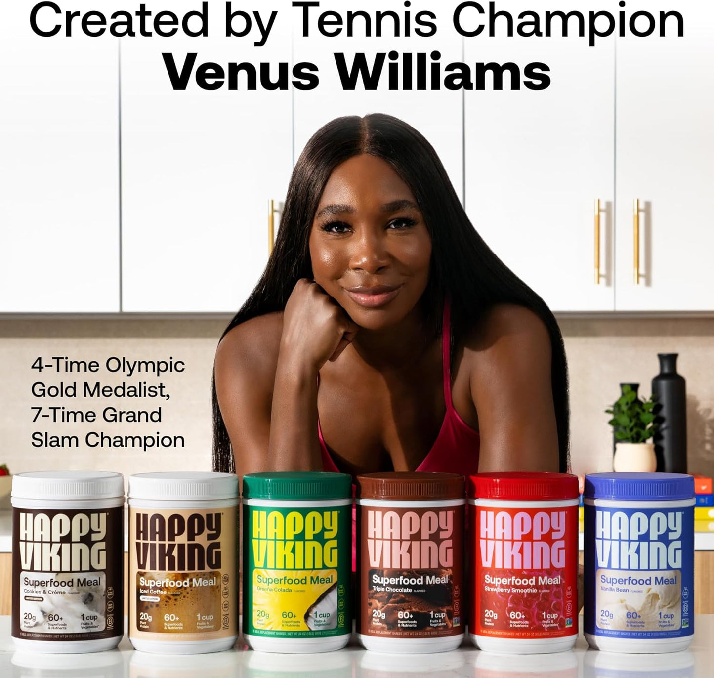 Venus Williams' Happy Viking Cookies and Cream Plant Protein Powder: 20g Protein, Low Carb, Keto, Vegan, Gluten-Free, Non-GMO Meal Replacement