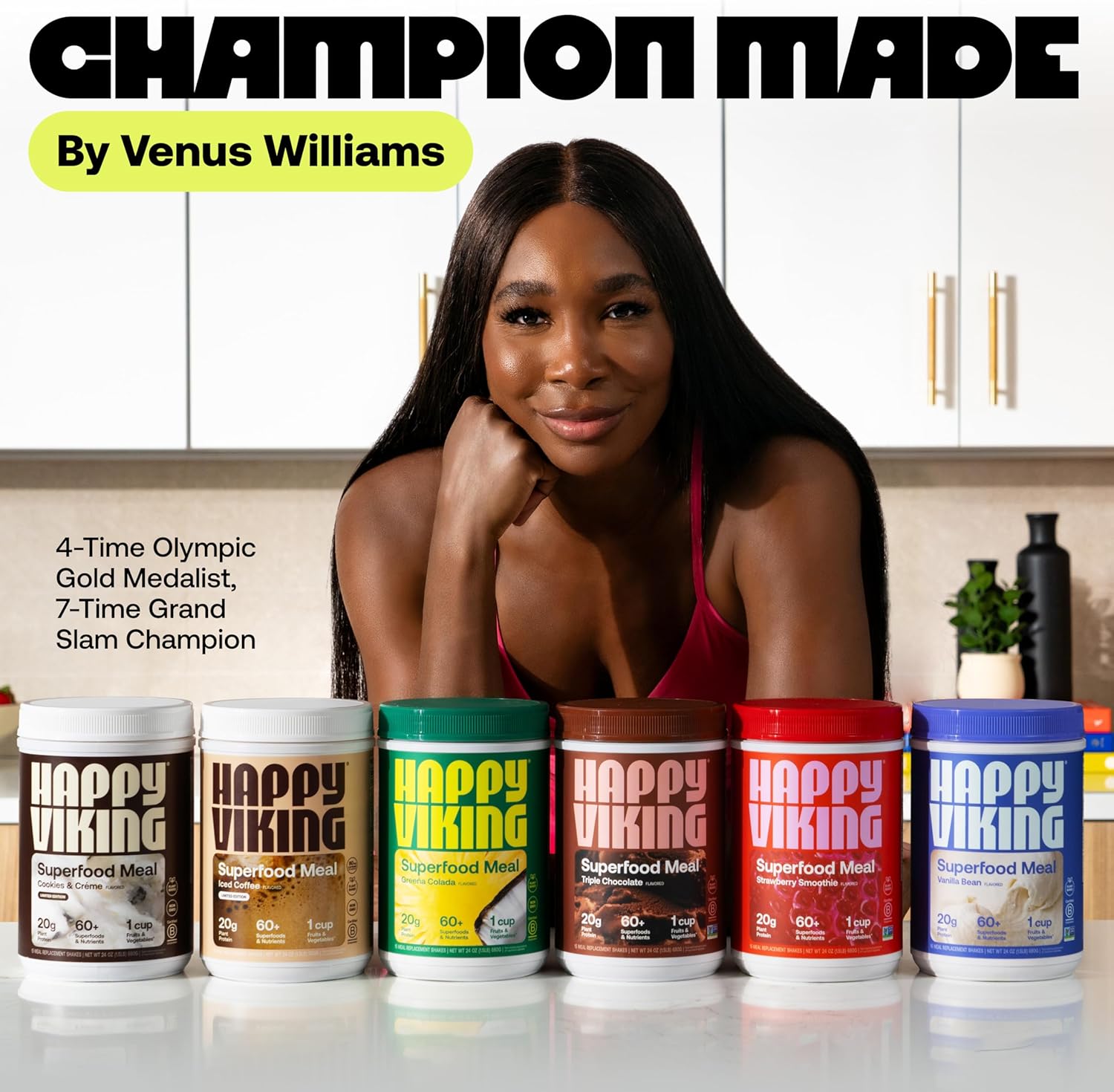 Venus Williams Happy Viking Variety Pack Plant Protein Powder - 20G Protein, Low Carb, Keto, Vegan, Gluten-Free, Non-GMO - Complete Meal Replacement, Superfoods - 8 Single Serve Packs