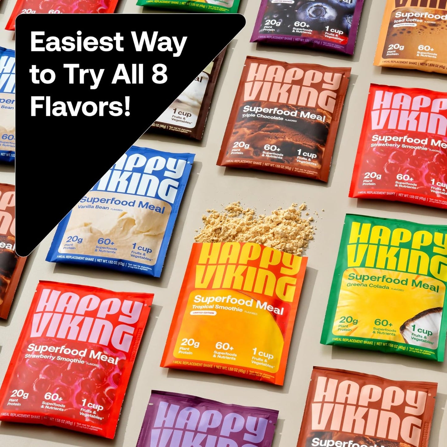 Venus Williams Happy Viking Variety Pack Plant Protein Powder - 20G Protein, Low Carb, Keto, Vegan, Gluten-Free, Non-GMO - Complete Meal Replacement, Superfoods - 8 Single Serve Packs