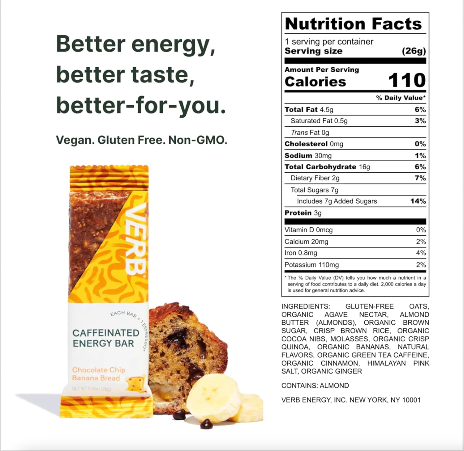 Verb Energy Variety Pack - Caffeinated Snack Bars with Organic Green Tea - Low Sugar & 110-Calorie Nutrition Bars - Vegan & Gluten Free Breakfast Bars - Pack of 16