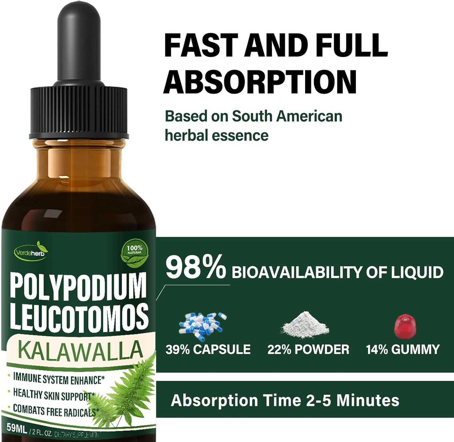 Verdeherb Polypodium leucotomos Immune Support Drops - Natural Kalawalla Herb Extract for Skin Health - 2oz
