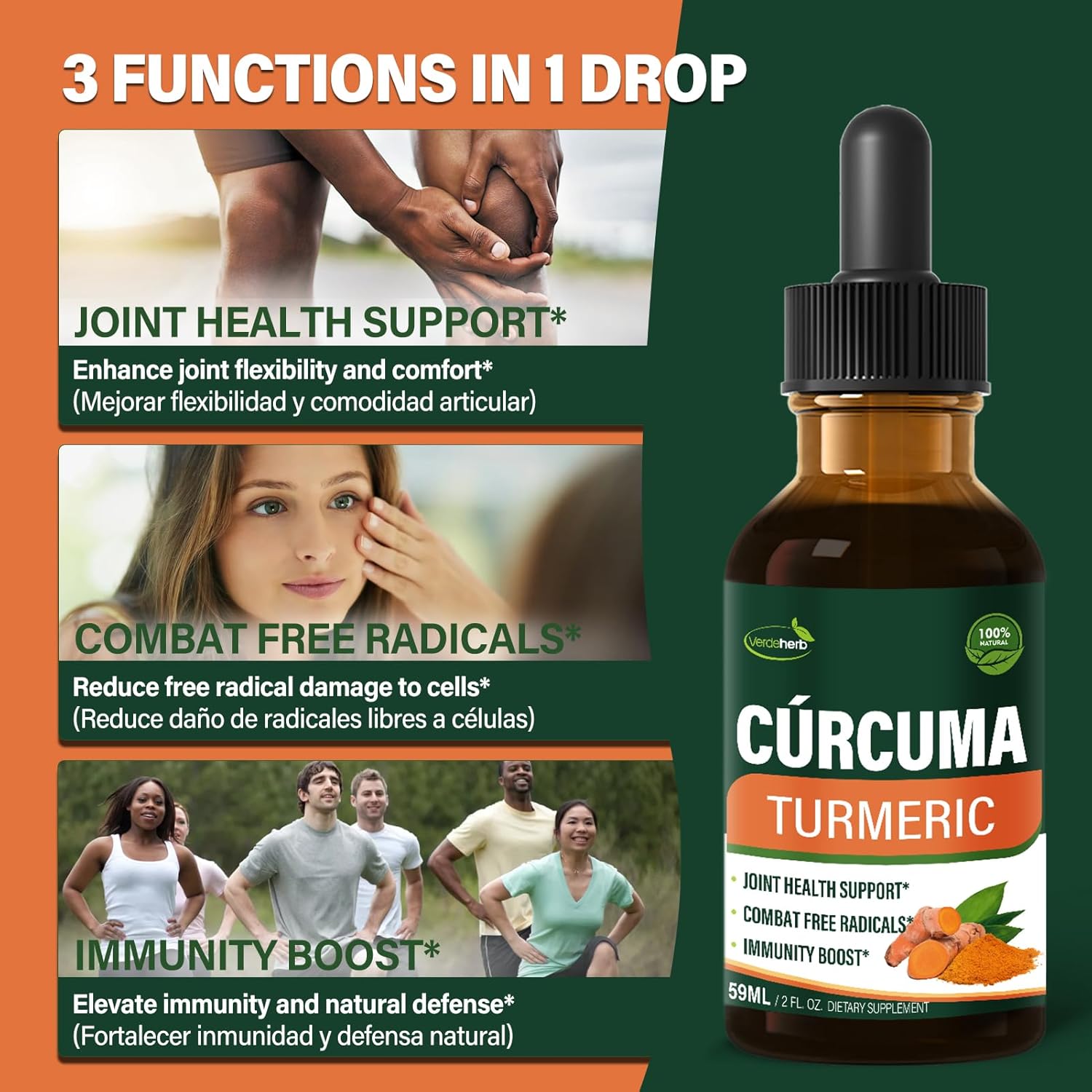 Verdeherb Turmeric Liquid Drops with Black Pepper Boswellia - Joint Health & Immunity Support Supplement - 2oz