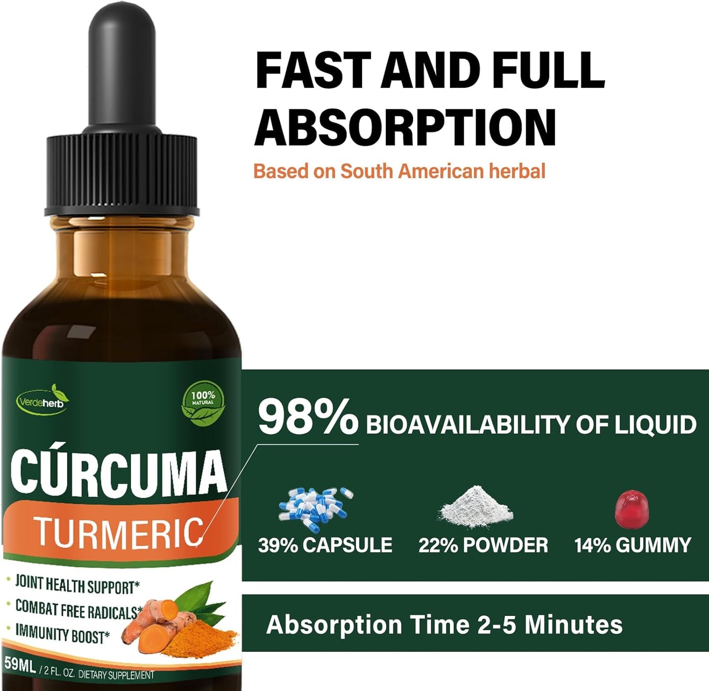 Verdeherb Turmeric Liquid Drops with Black Pepper Boswellia - Joint Health & Immunity Support Supplement - 2oz