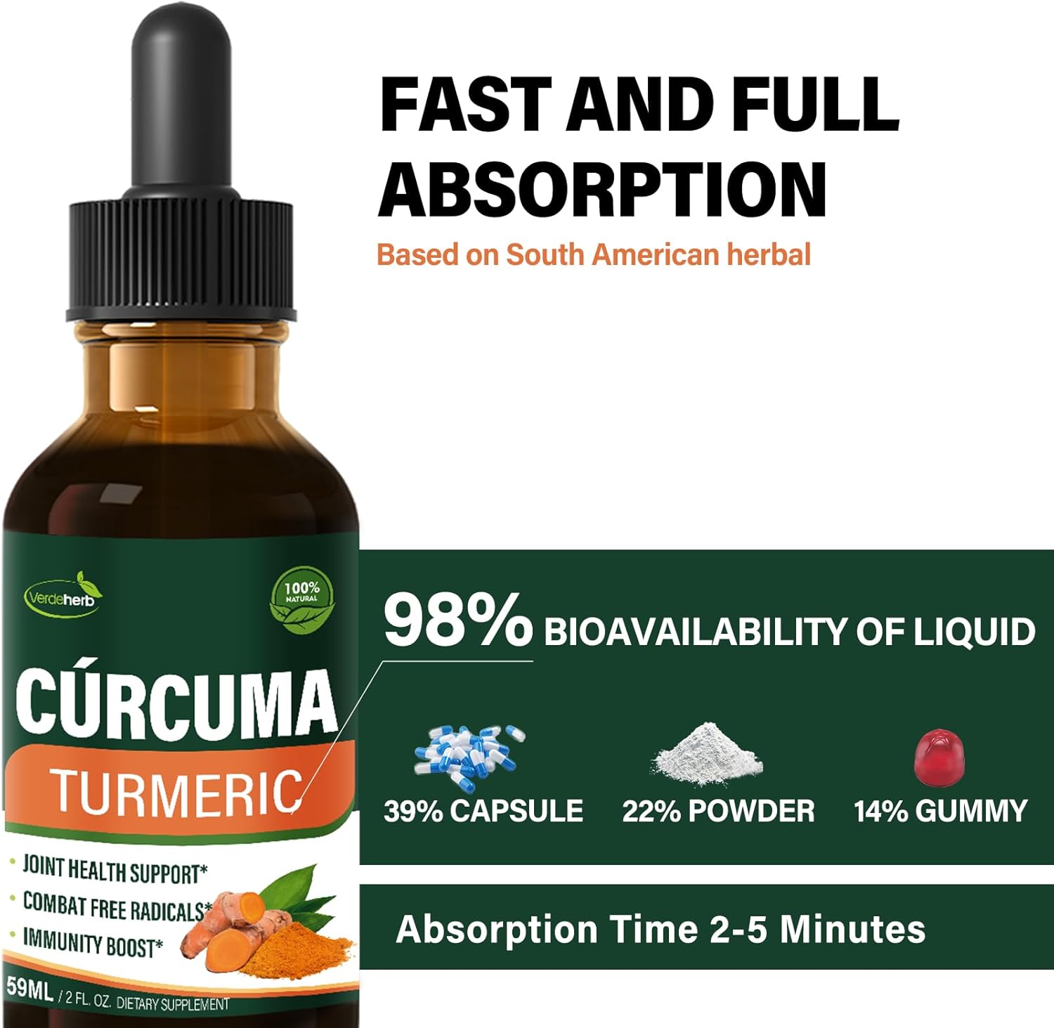 Verdeherb Turmeric Liquid Drops with Black Pepper Boswellia - Joint Health & Immunity Support Supplement - 2oz