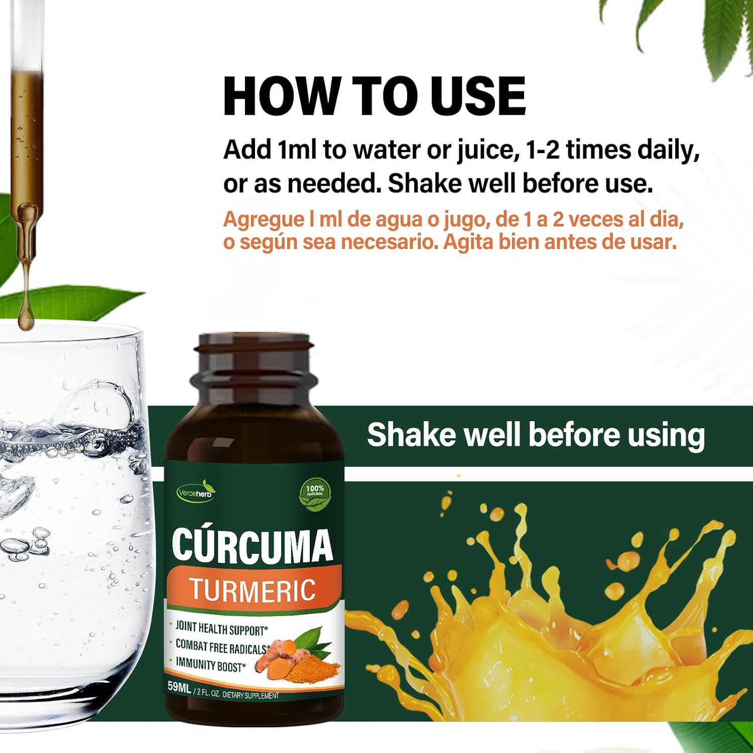 Verdeherb Turmeric Liquid Drops with Black Pepper Boswellia - Joint Health & Immunity Support Supplement - 2oz