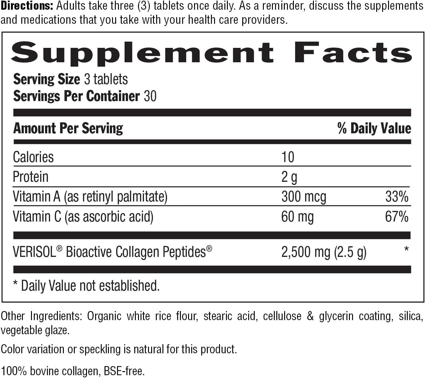 Verisol Collagen Peptides Tablets - Reduce Wrinkle Depth & Boost Skin Elasticity - 90 Tablets with Vitamin A&C - Collagen Powder for Women & Men - Increase Skin Collagen by 60%