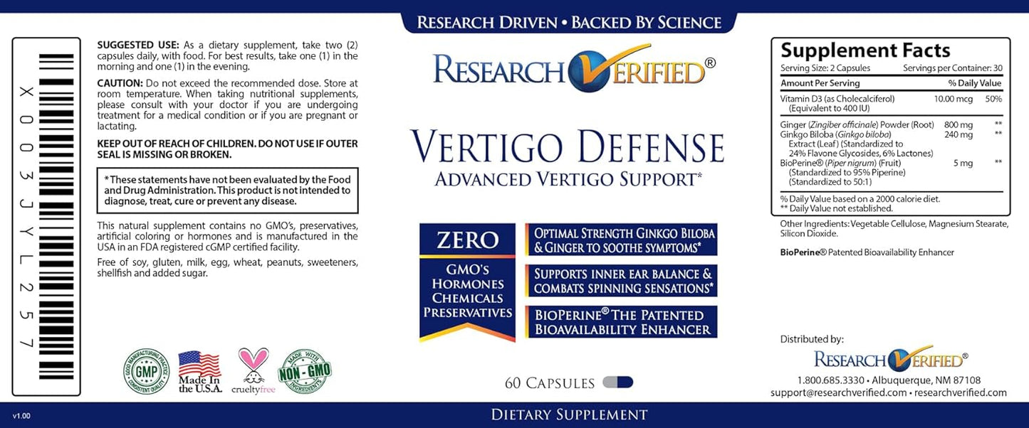 Vertigo Defense Supplement - Relief for Inner Ear Balance - Vitamin D3, Ginger, Ginkgo Biloba - 60 Capsules