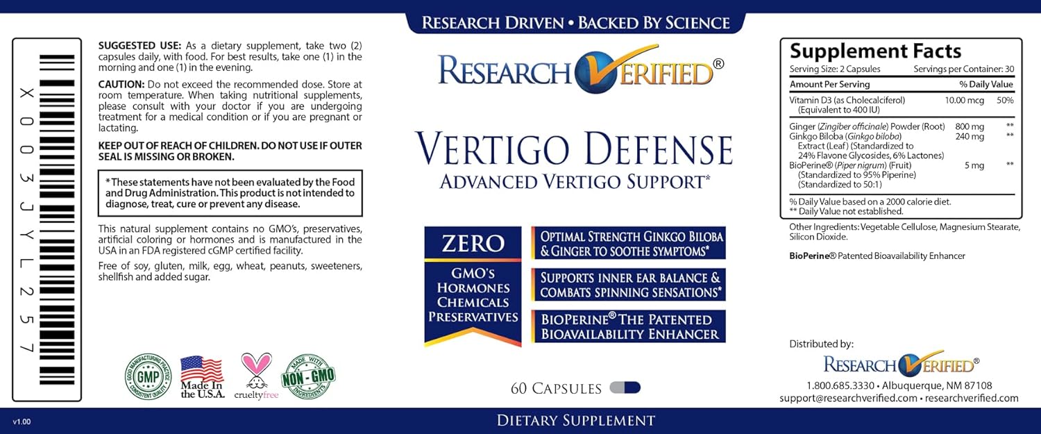 Vertigo Defense Supplement - Relief for Inner Ear Balance - Vitamin D3, Ginger, Ginkgo Biloba - 60 Capsules