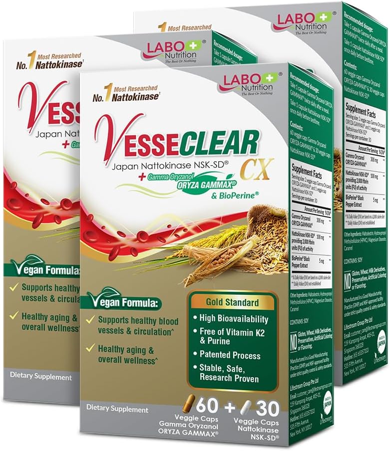 VesseCLEAR CX: Nattokinase NSK-SD + Gamma Oryzanol for Healthy Blood Vessels, Cholesterol, Heart - 180 Vegan Capsules