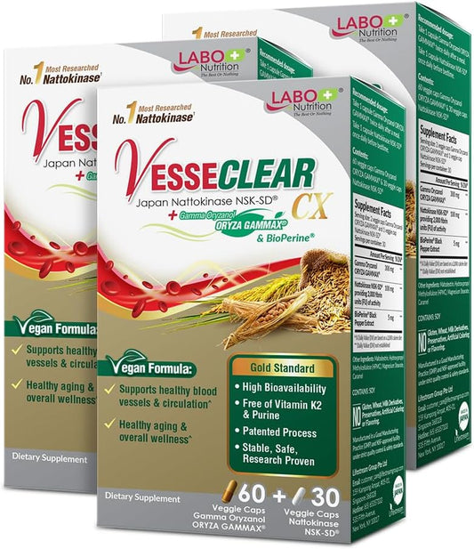 VesseCLEAR CX: Nattokinase NSK-SD + Gamma Oryzanol for Healthy Blood Vessels, Cholesterol, Heart - 180 Vegan Capsules