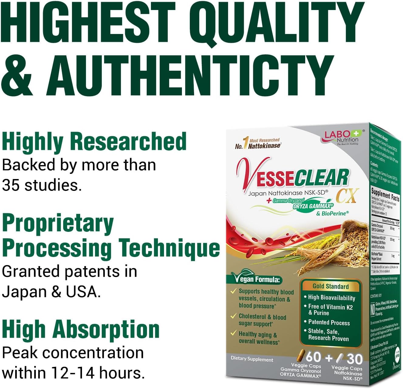 VesseCLEAR CX: Nattokinase NSK-SD + Gamma Oryzanol for Healthy Blood Vessels, Cholesterol, Heart - 180 Vegan Capsules