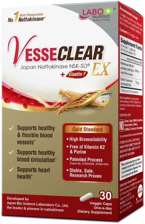 VesseCLEAR EX Capsules: Japan's Most Researched Nattokinase NSK-SD & Elastin F Blend for Healthy Blood Vessels
