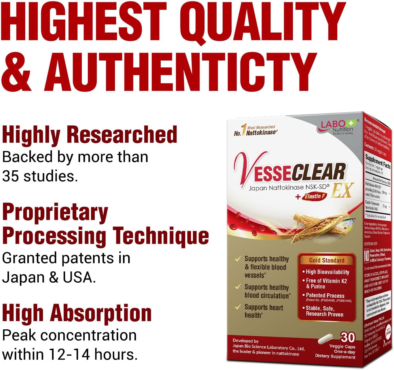 VesseCLEAR EX Capsules: Japan's Most Researched Nattokinase NSK-SD & Elastin F Blend for Healthy Blood Vessels