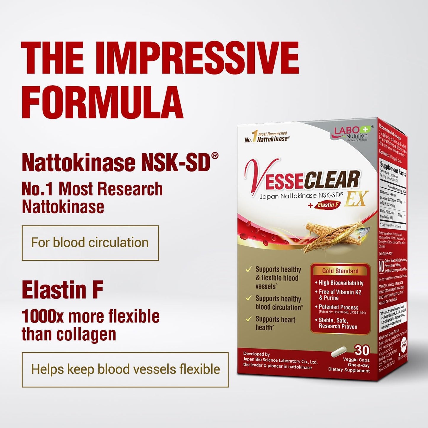 VesseCLEAR EX Capsules: Japan's Most Researched Nattokinase NSK-SD & Elastin F Blend for Healthy Blood Vessels