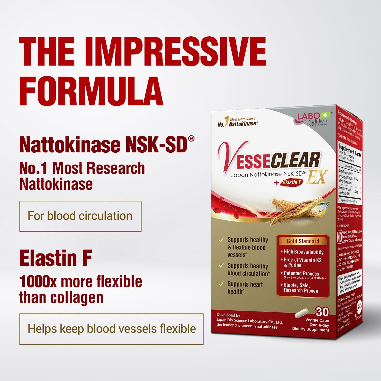 VesseCLEAR EX Capsules: Japan's Most Researched Nattokinase NSK-SD & Elastin F Blend for Healthy Blood Vessels