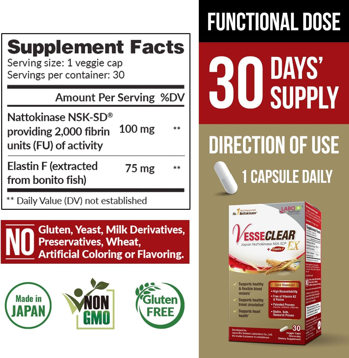 VesseCLEAR EX Capsules: Japan's Most Researched Nattokinase NSK-SD & Elastin F Blend for Healthy Blood Vessels