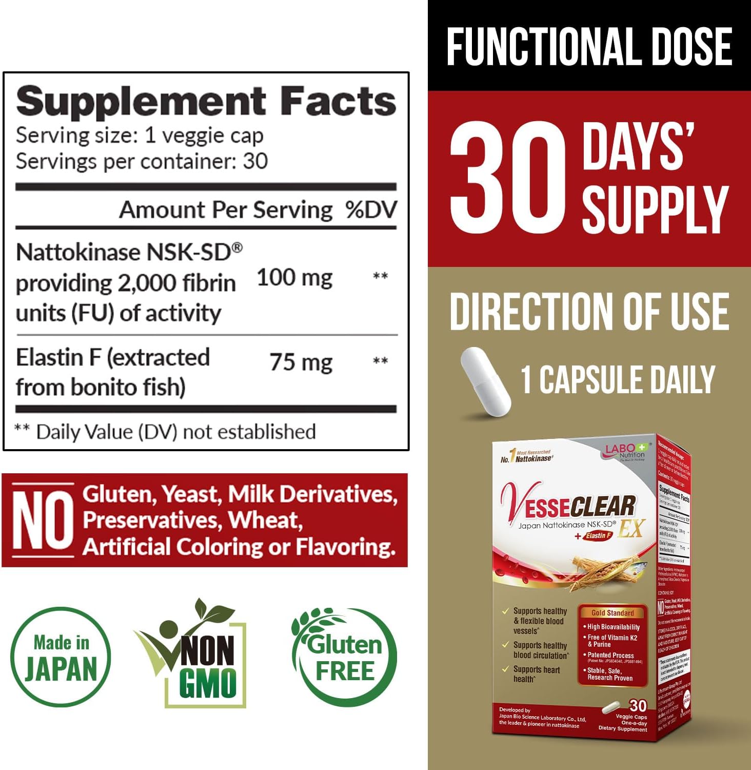VesseCLEAR EX Capsules: Japan's Most Researched Nattokinase NSK-SD & Elastin F Blend for Healthy Blood Vessels