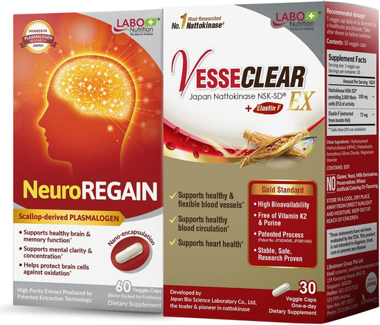 VesseCLEAR EX + NeuroREGAIN: Nattokinase & Scallop-derived PLASMALOGEN for Cardiovascular & Brain Health