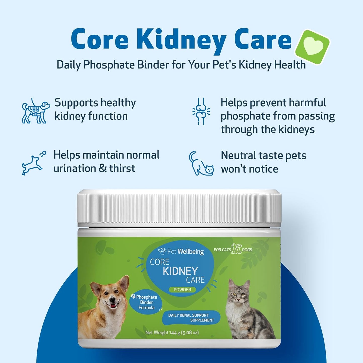 Vet-Formulated Pet Wellbeing Core Kidney Care Powder for Cats & Dogs - Daily Phosphate Binder with FOS, Chitosan, Probiotics, Reishi - 5.08 oz