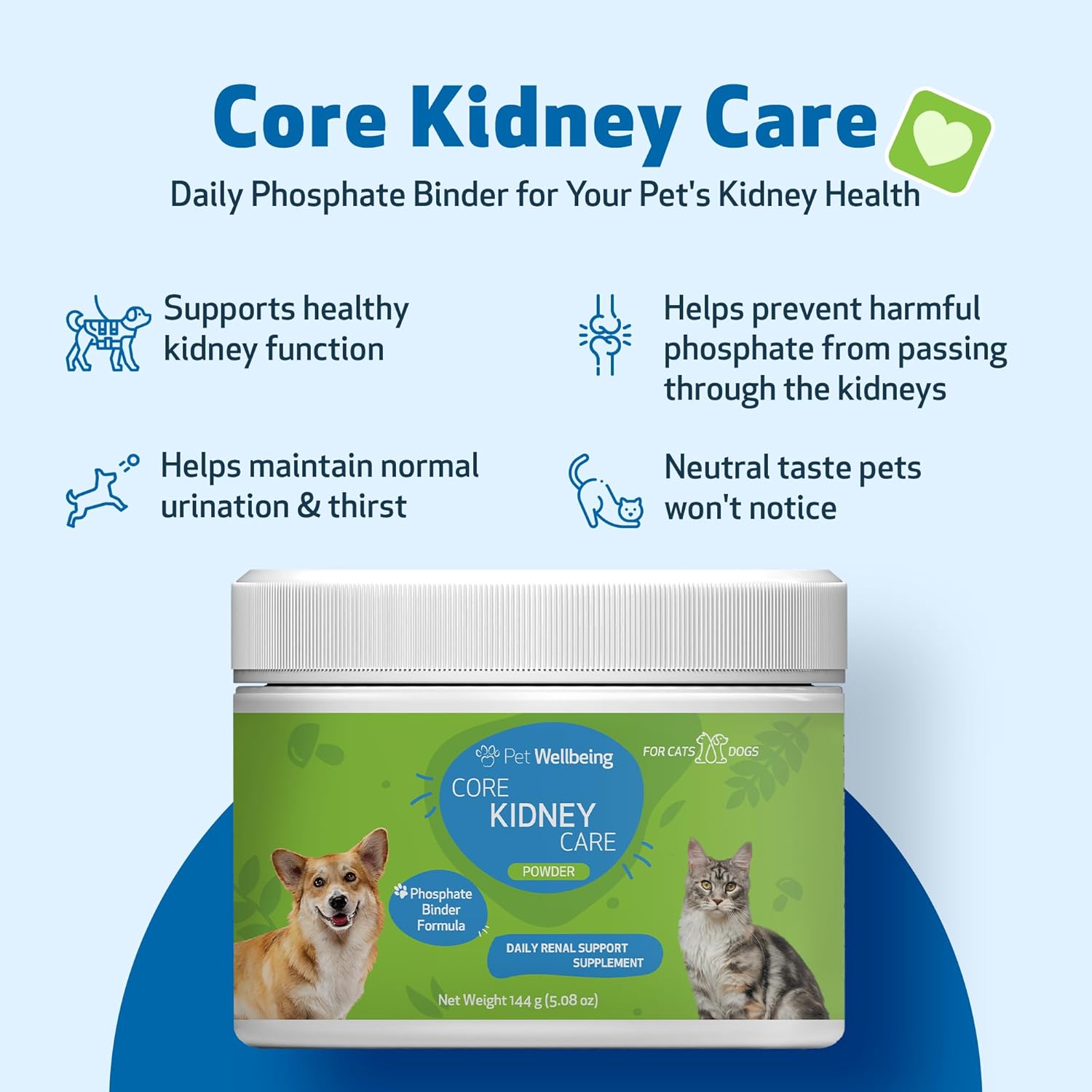 Vet-Formulated Pet Wellbeing Core Kidney Care Powder for Cats & Dogs - Daily Phosphate Binder with FOS, Chitosan, Probiotics, Reishi - 5.08 oz