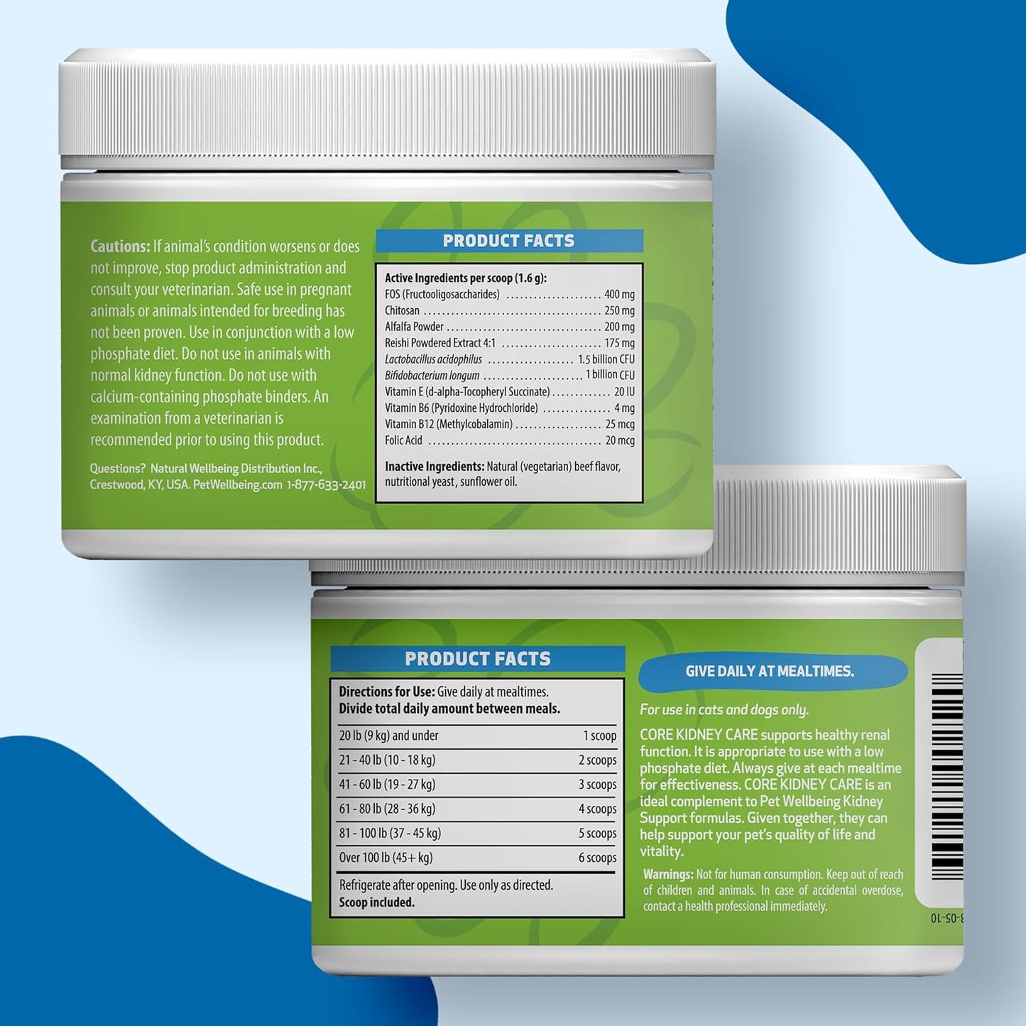 Vet-Formulated Pet Wellbeing Core Kidney Care Powder for Cats & Dogs - Daily Phosphate Binder with FOS, Chitosan, Probiotics, Reishi - 5.08 oz