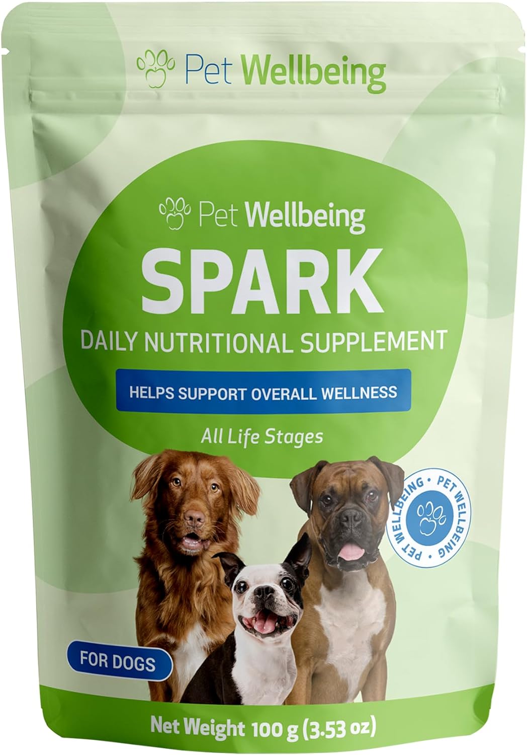 Vet-Formulated Pet Wellbeing Spark Daily Greens Superfood for Dogs & Cats - Probiotics, Enzymes, Antioxidants - 3.53 oz