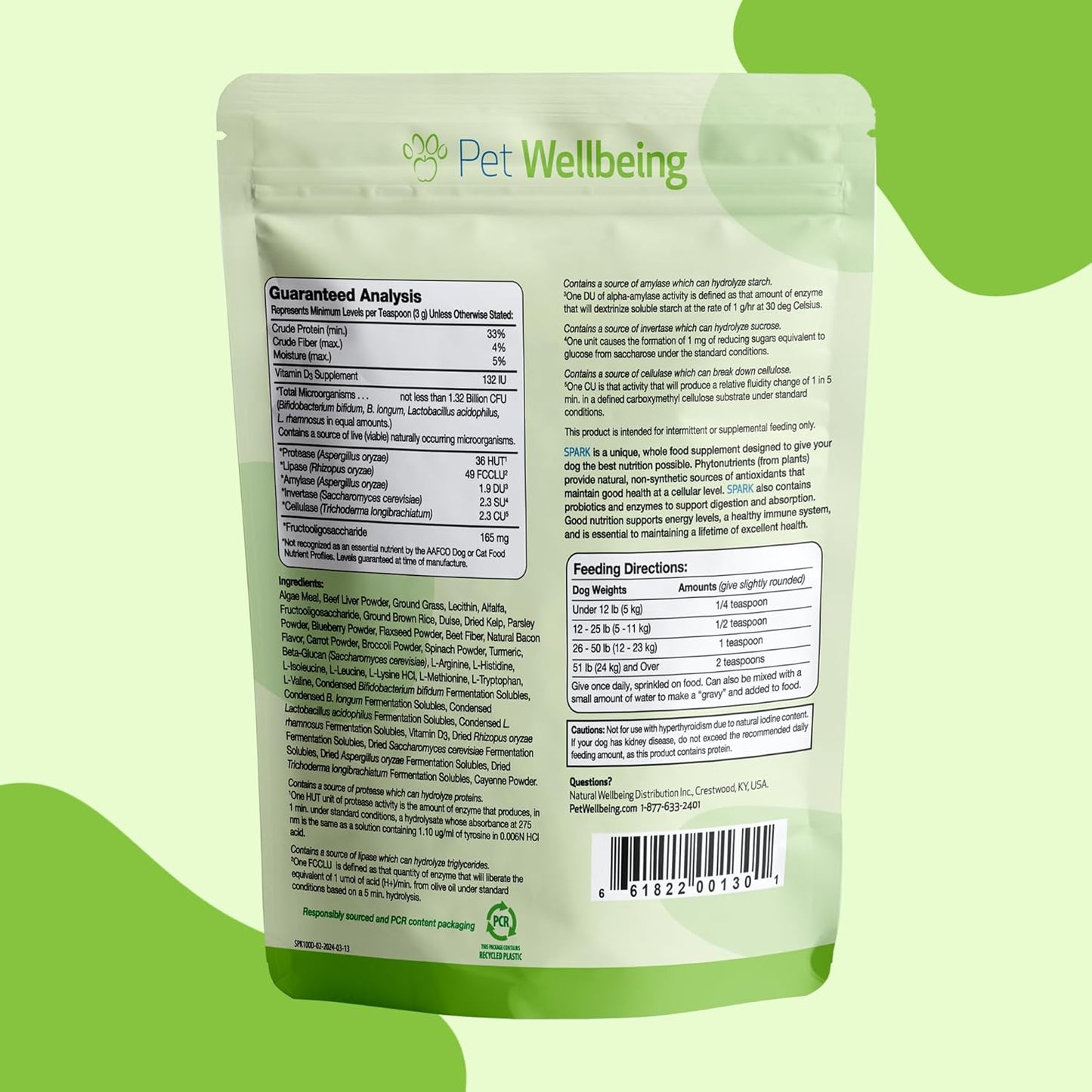 Vet-Formulated Pet Wellbeing Spark Daily Greens Superfood for Dogs & Cats - Probiotics, Enzymes, Antioxidants - 3.53 oz