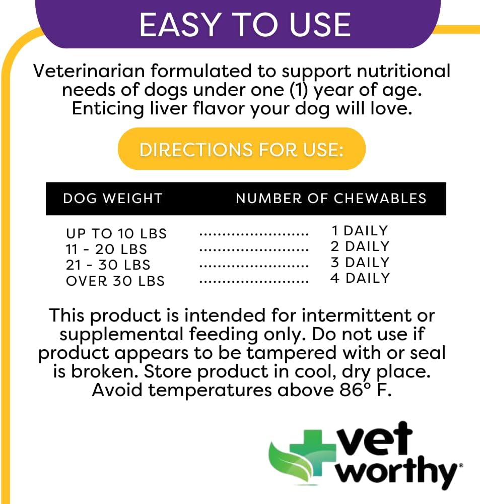 Vet Worthy Puppy Multivitamin Chewable Tablets for Optimal Health & Wellness - Dog Supplement with Essential Nutrients - Liver Flavored, 60 Count