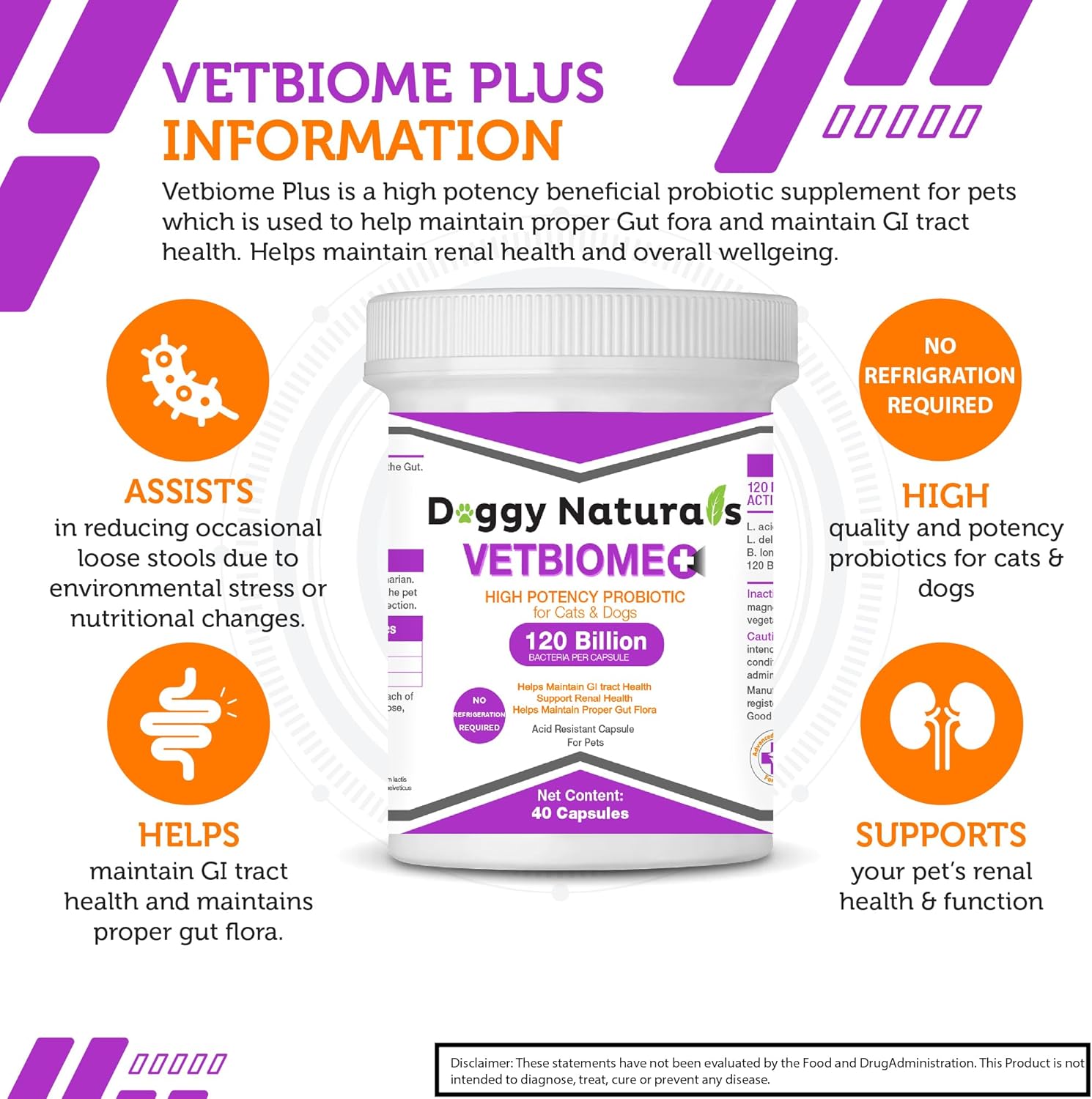 Vetbiome High Potency Probiotics for Pets - 40 Capsules, Made in U.S.A, No Refrigeration Needed