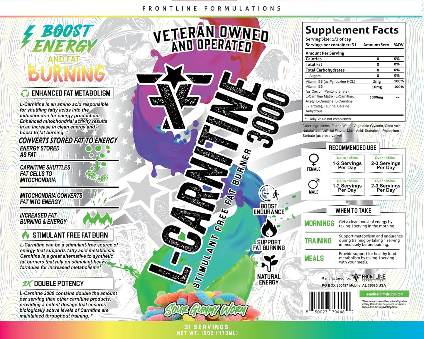 Veteran Owned L-Carnitine Supplement for Enhanced Energy and Metabolism - Sour Gummy Worm Flavor