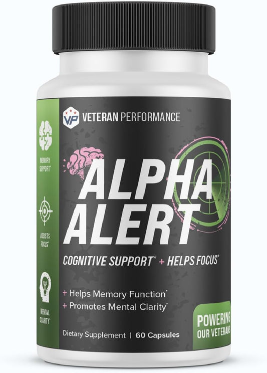Veteran Performance Alpha Alert Brain Supplement - Memory & Focus Nootropic with DMAE, Choline, GABA, Vitamin B6 - Cognitive Function Booster (60 Count)