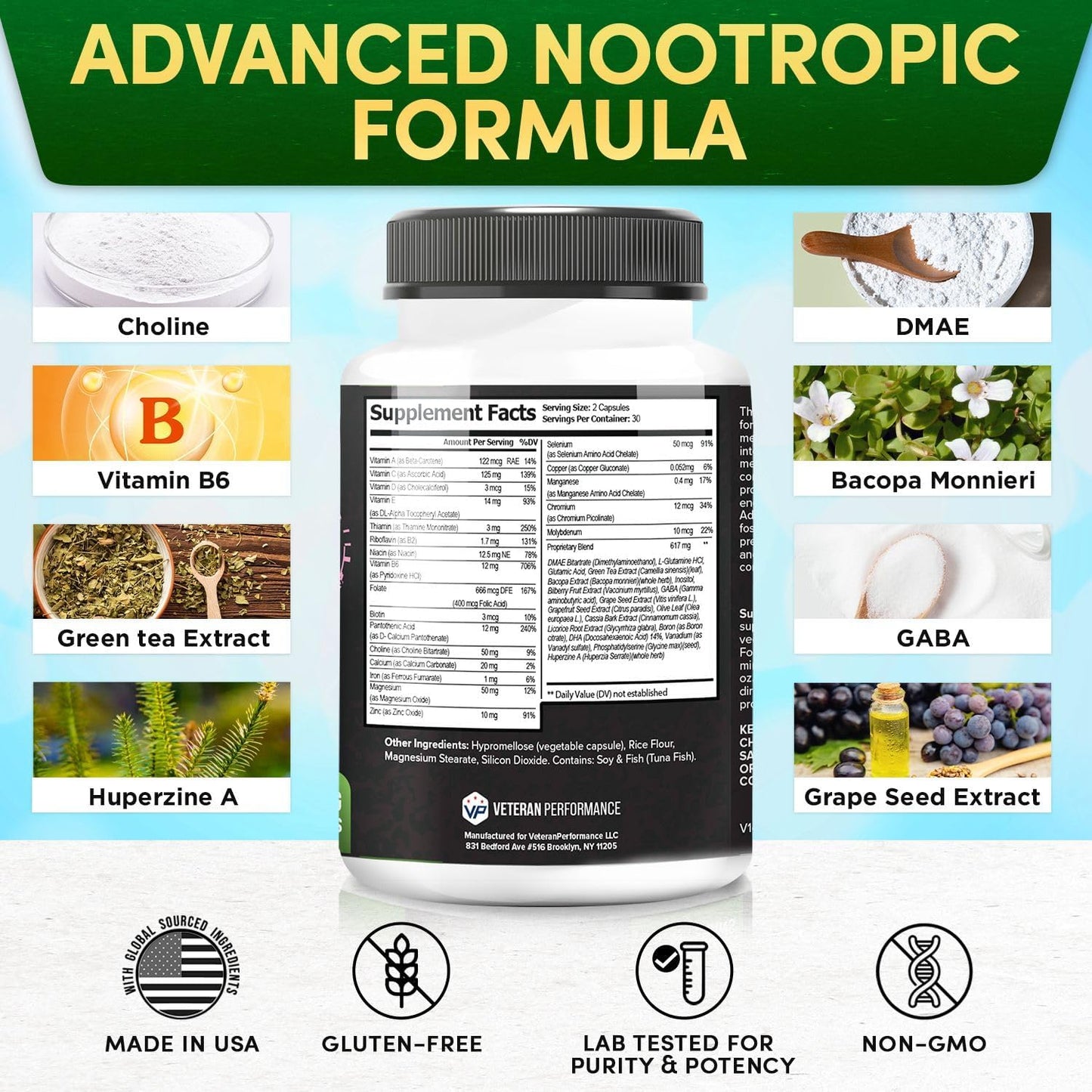 Veteran Performance Alpha Alert Brain Supplement - Memory & Focus Nootropic with DMAE, Choline, GABA, Vitamin B6 - Cognitive Function Booster (60 Count)
