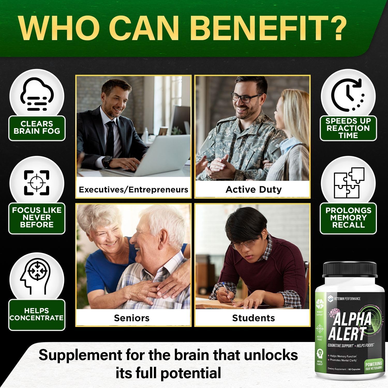 Veteran Performance Alpha Alert Brain Supplement - Memory & Focus Nootropic with DMAE, Choline, GABA, Vitamin B6 - Cognitive Function Booster (60 Count)