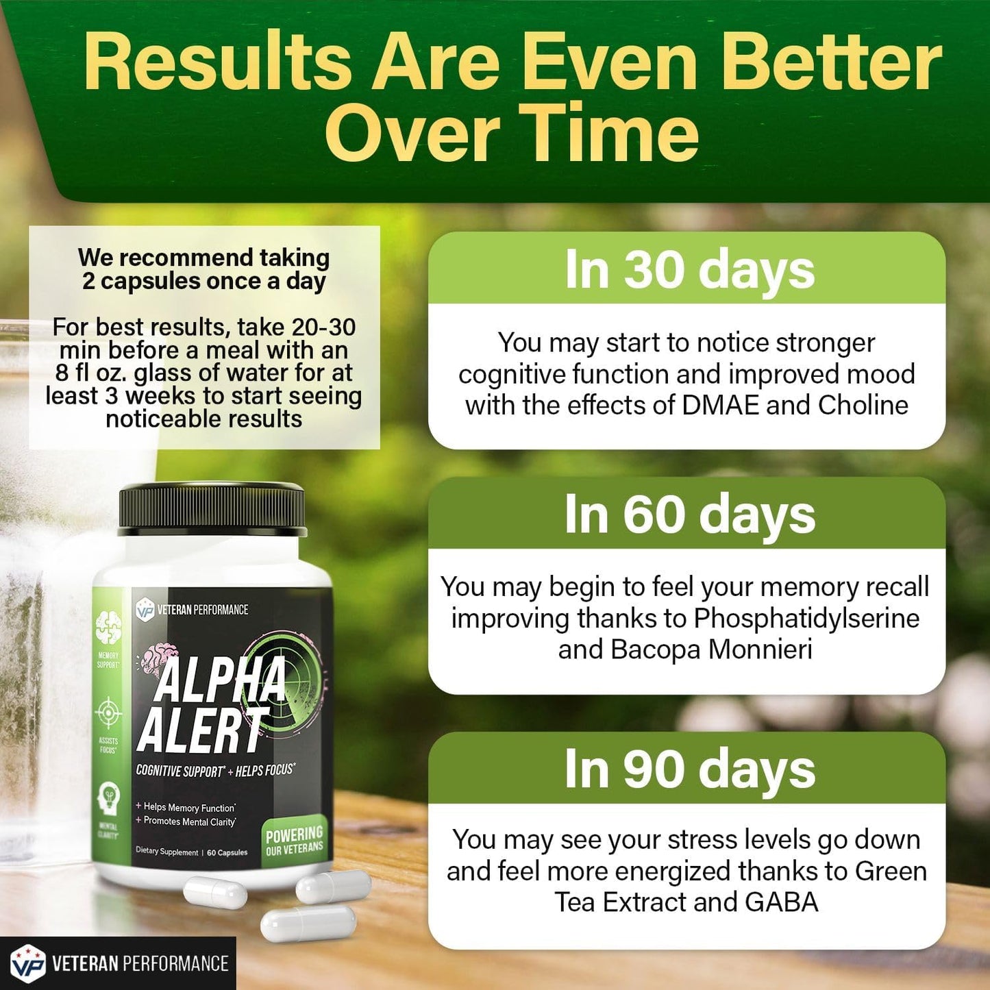 Veteran Performance Alpha Alert Brain Supplement - Memory & Focus Nootropic with DMAE, Choline, GABA, Vitamin B6 - Cognitive Function Booster (60 Count)