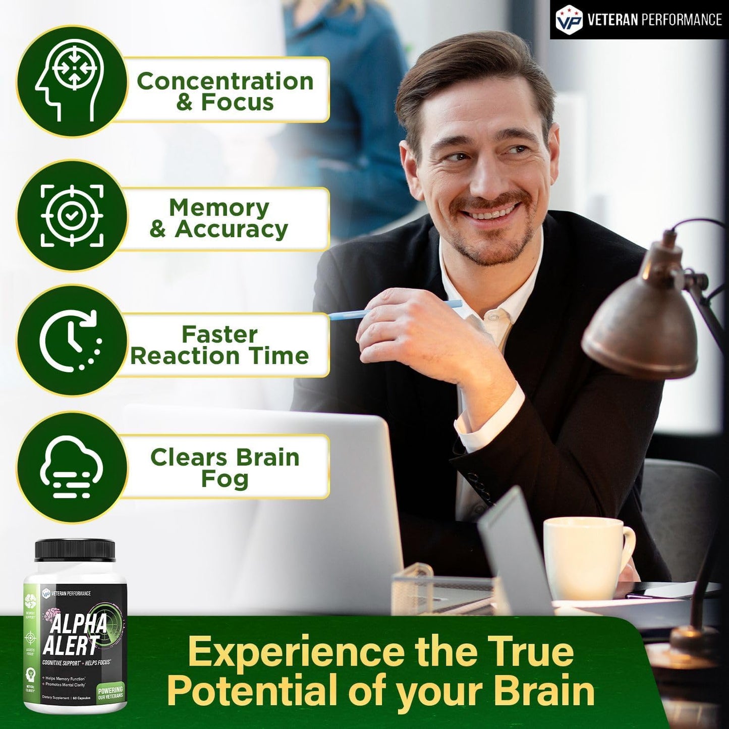 Veteran Performance Alpha Alert Brain Supplement - Memory & Focus Nootropic with DMAE, Choline, GABA, Vitamin B6 - Cognitive Function Booster (60 Count)