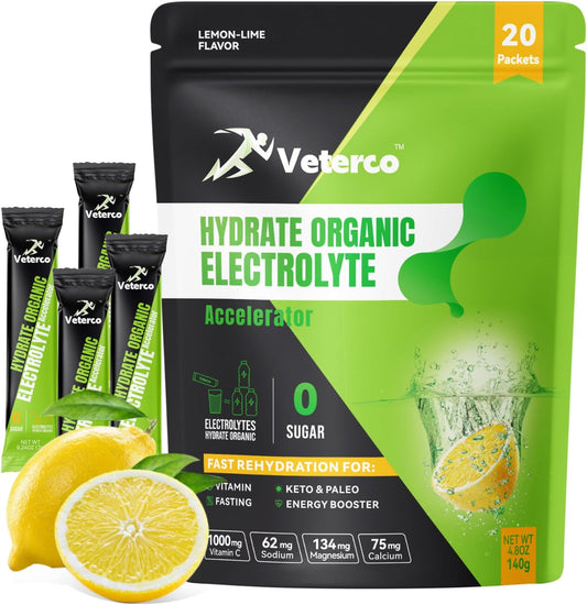 Veterco Electrolyte Powder Drink Mix with Vitamins & Minerals - Keto-Friendly Lemon Flavor Hydration Packets (20 Sticks)