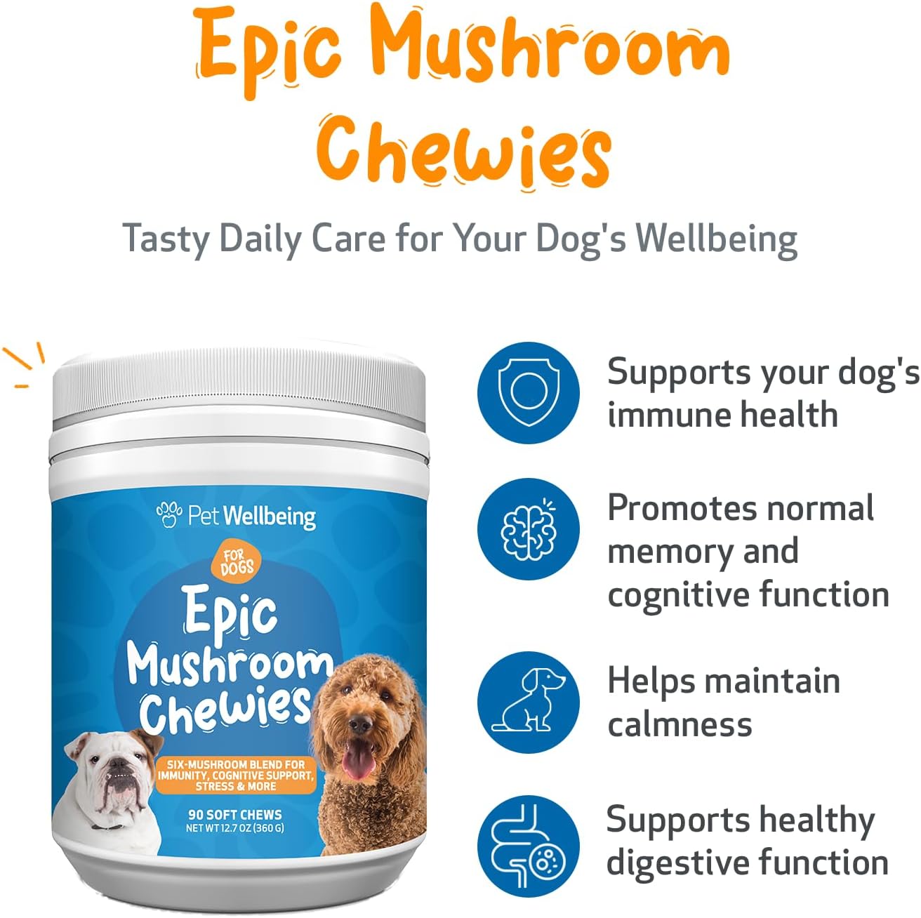 Veterinarian-Formulated Pet Wellbeing Mushroom Chewies for Dogs - Immune & Cognitive Health Support with Reishi, Chaga, Lion's Mane - 90 Soft Chews