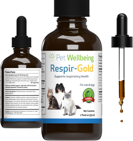 Veterinarian-Formulated Pet Wellbeing Respir-Gold Herbal Supplement for Cats - Promotes Healthy Breathing and Respiratory Support with Black Cumin, Horehound, and Grindelia - 2 oz