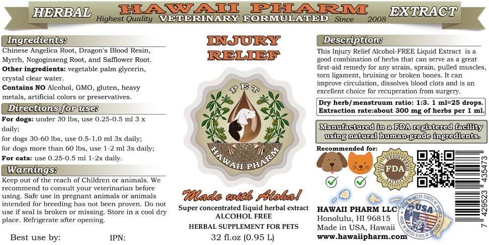Veterinary Herbal Supplement for Pet Injury Relief - 64 oz Liquid Extract from HawaiiPharm, Alcohol-Free