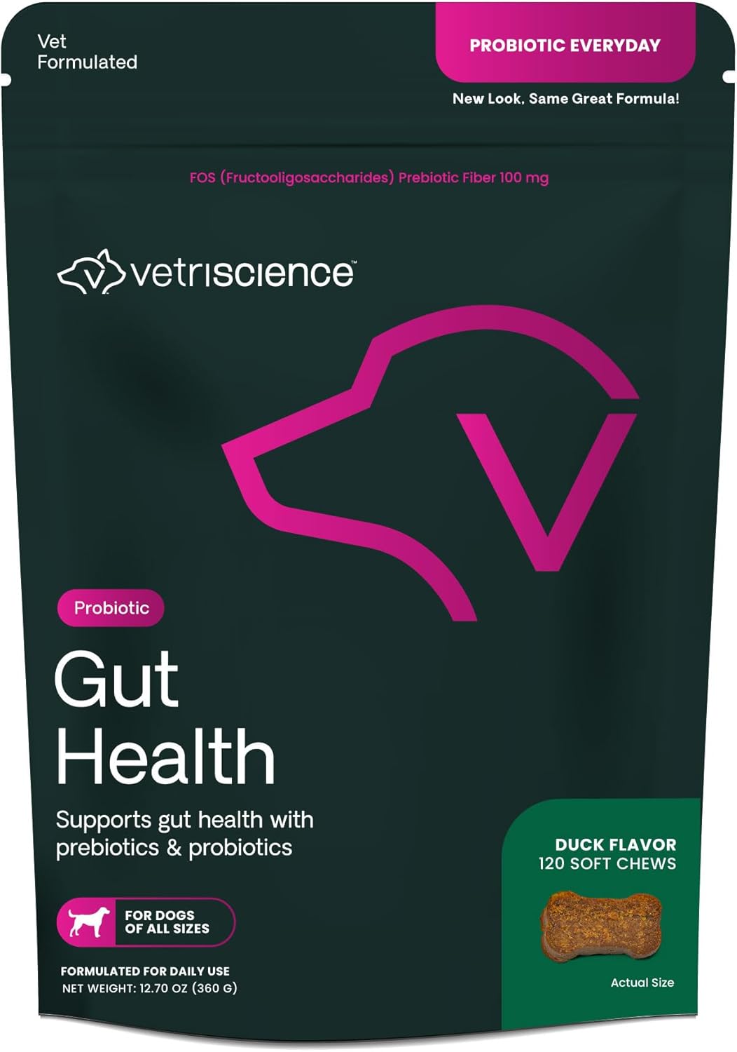 VetriScience Probiotic Gut Health Chews for Dogs - Digestive & Immune Support - 120 Count Duck Flavored Chews with 1 Billion CFU