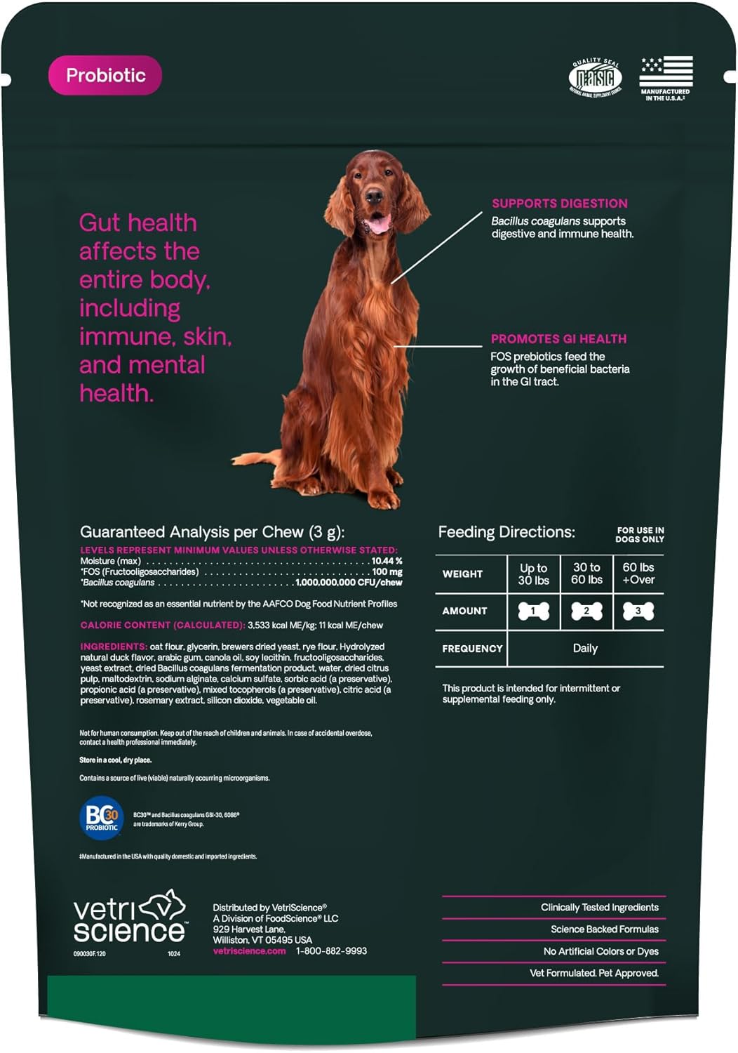 VetriScience Probiotic Gut Health Chews for Dogs - Digestive & Immune Support - 120 Count Duck Flavored Chews with 1 Billion CFU