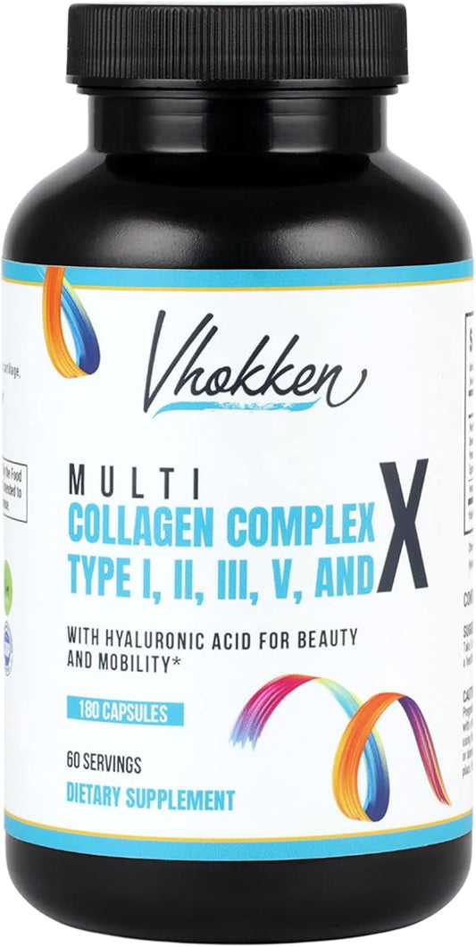 Vhokken Multi Collagen Complex with Hyaluronic Acid - Joint Support, Hair, Skin, Nails - 2120mg, 180 Capsules