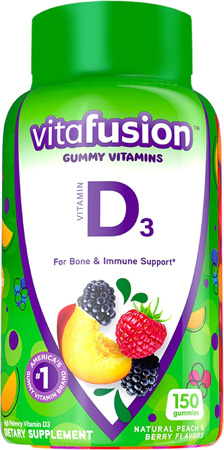 Viactiv Caramel Calcium + Vitamin D3 Soft Chews & Vitafusion Peach Blackberry Vitamin D3 Gummies - Bone & Immune System Support, 60 Chews