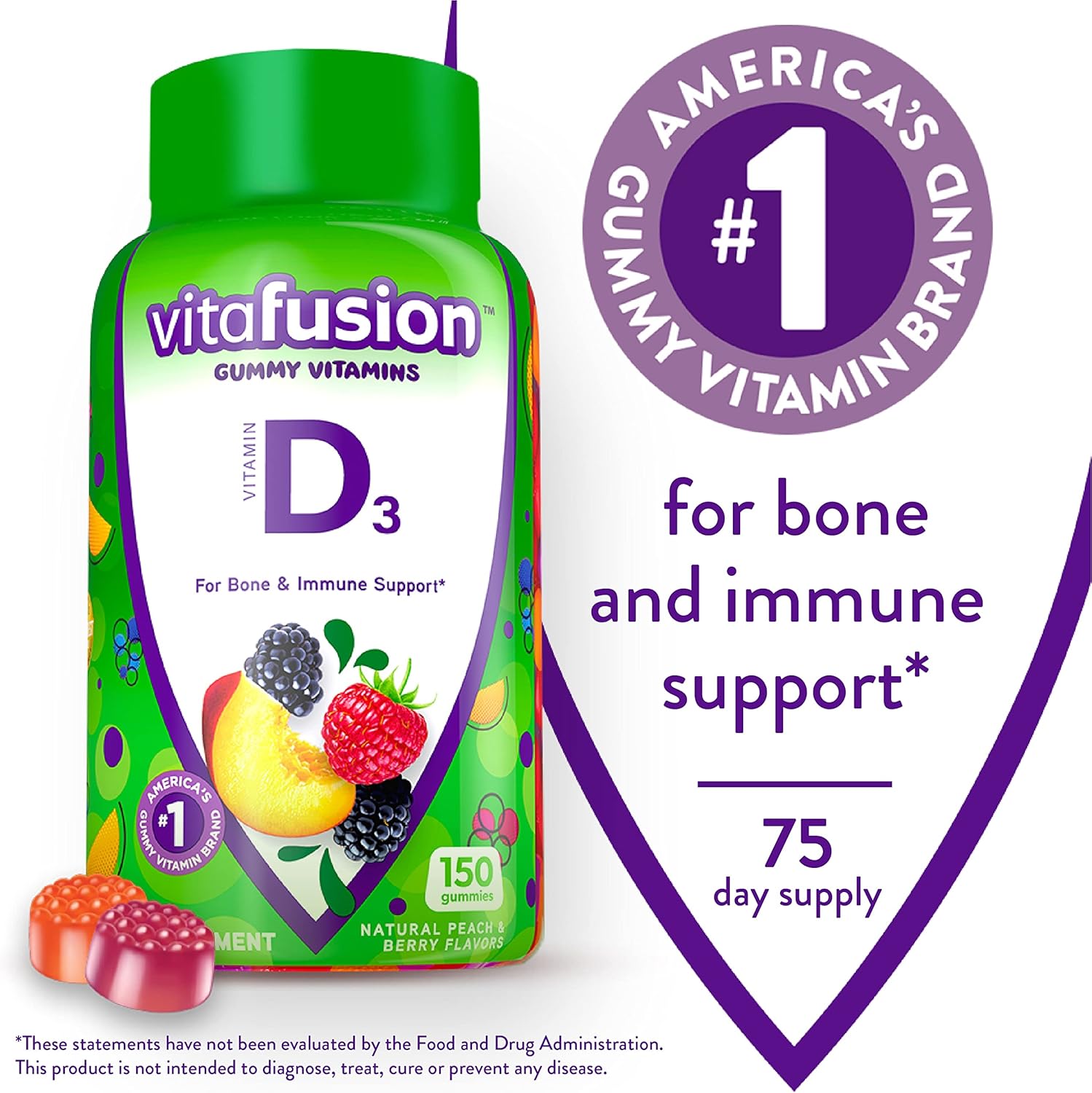 Viactiv Caramel Calcium + Vitamin D3 Soft Chews & Vitafusion Peach Blackberry Vitamin D3 Gummies - Bone & Immune System Support, 60 Chews