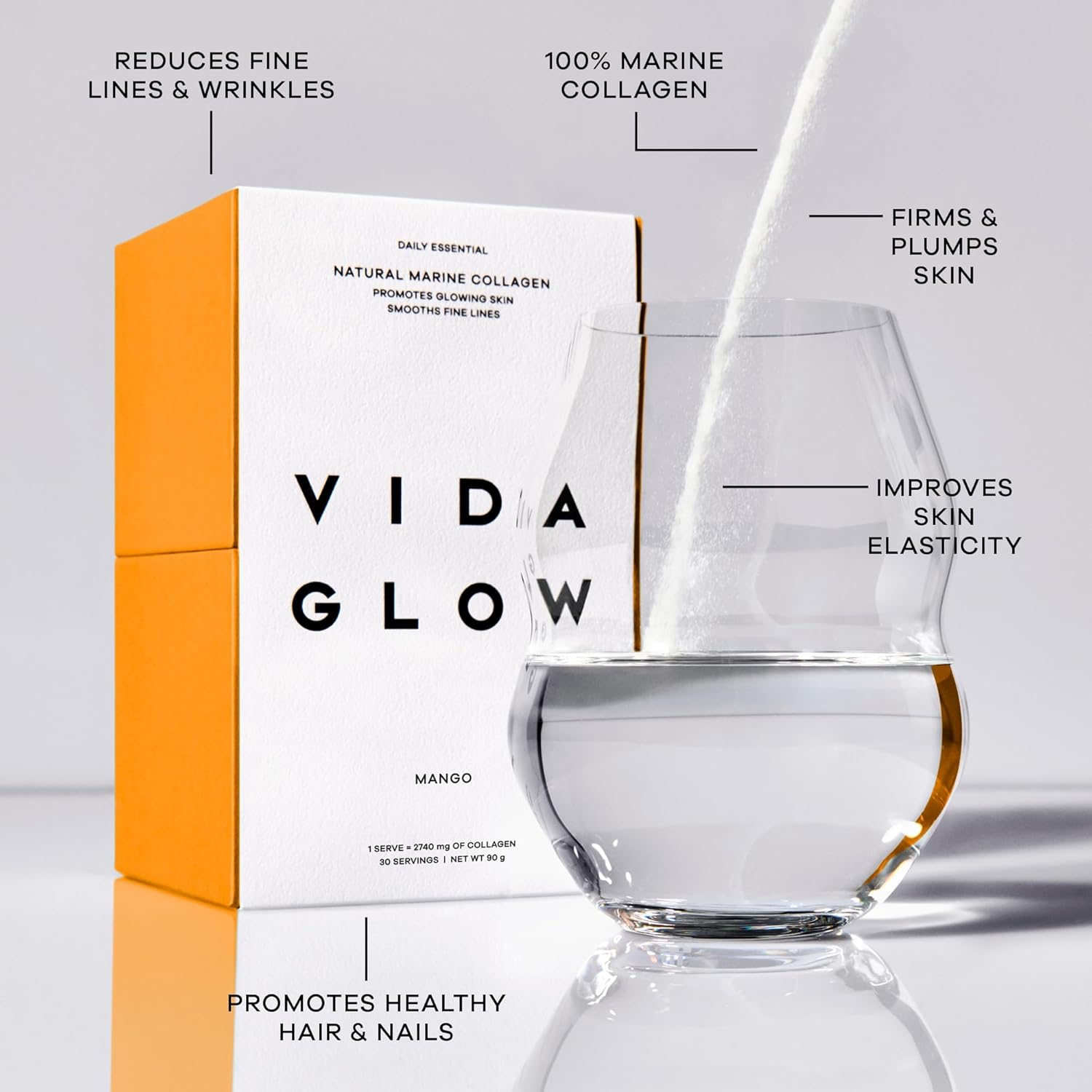 Vida Glow Marine Collagen Powder - Mango Flavor | Anti Aging Supplement for Glowing Skin, Strong Nails, Healthy Hair | 30 Servings